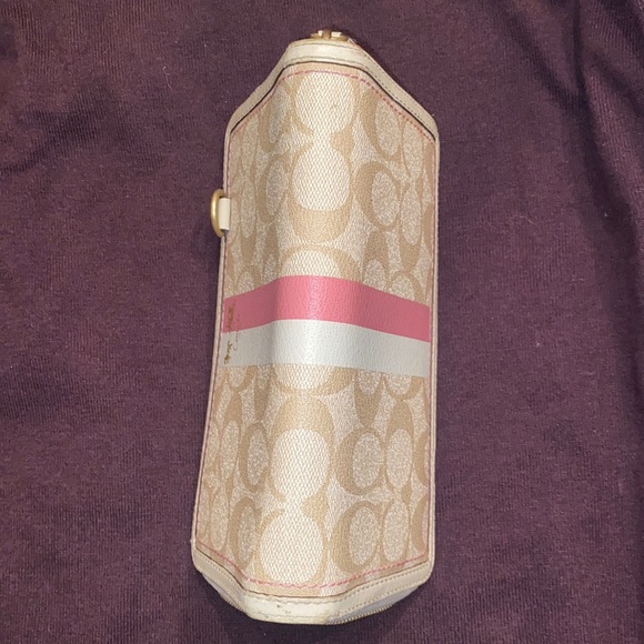 Coach Heritage Signature Wallet Pink Khaki Stripe Zip Wallet 8”x4” - Picture 7 of 15